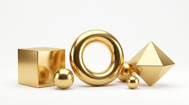 Set of 3d golden geometric shapes including a cube, torus, sphere, and octahedron isolated on white background