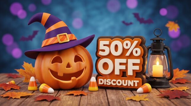 Halloween sale banner with a cute jackolantern wearing a witch hat, a lantern, and candy corn on a wooden table
