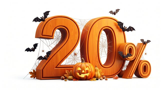 Halloween sale 20 percent discount sign with wooden numbers, carved pumpkin, bats, and spider webs isolated on white background