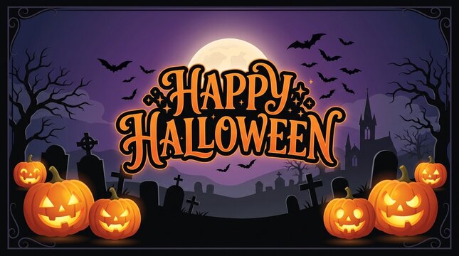 Happy halloween greeting card with glowing jackolantern pumpkins, spooky graveyard, full moon, and bats in a dark purple night sky