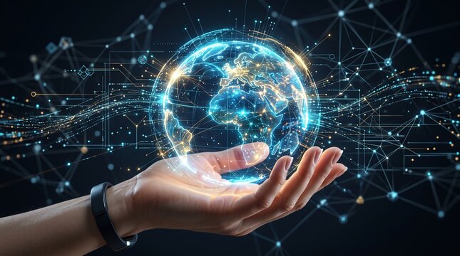 Digital globe hologram floating above a human hand representing global connectivity, network technology, and futuristic communication