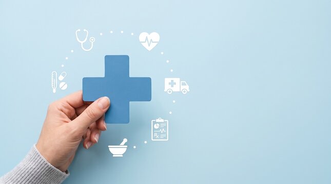 Hand holding a blue medical cross symbol surrounded by various healthcare and medical icons on a light blue background