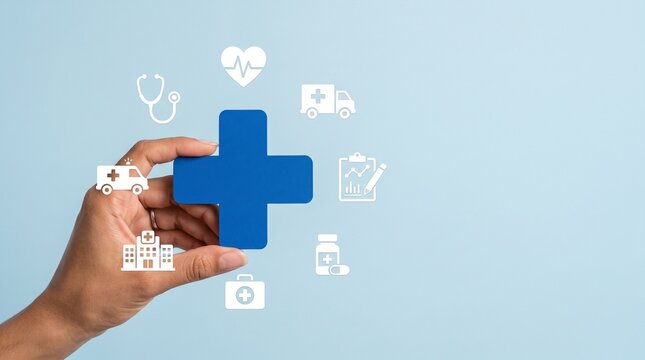 Hand holding a blue medical cross symbol surrounded by various healthcare and medical icons on a light blue background