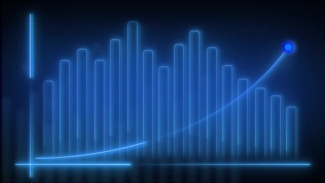 Neon bar chart animation displays a blue exponential curve. Market returns reflect on this neon bar chart animation. Business investment growth drives the bar chart animation.