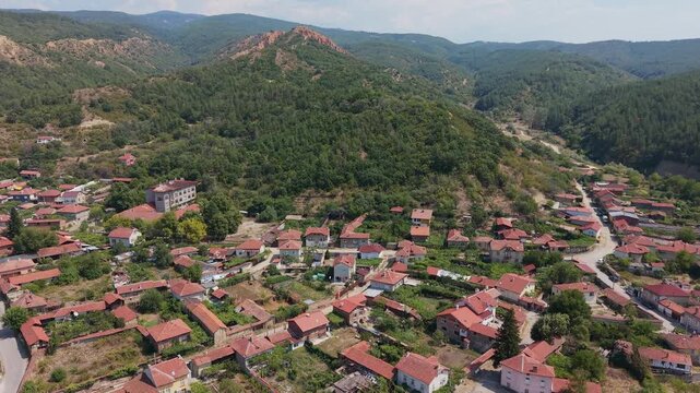 Stob village aerial view in Bulgaria with houses and hills