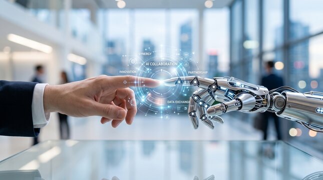 Human hand and robotic hand touching in a digital interface representing ai collaboration, innovation, and technological partnership