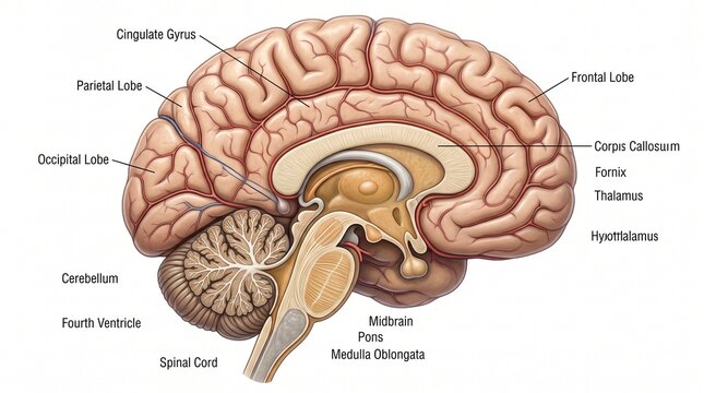Anatomical illustration of the human brain in a sagittal crosssection view showing internal structures and lobes