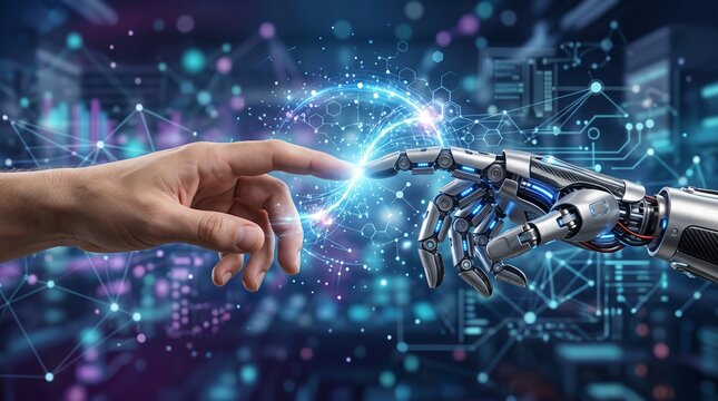 Human hand and robotic hand touching fingers, representing the connection between human intelligence and artificial intelligence technology