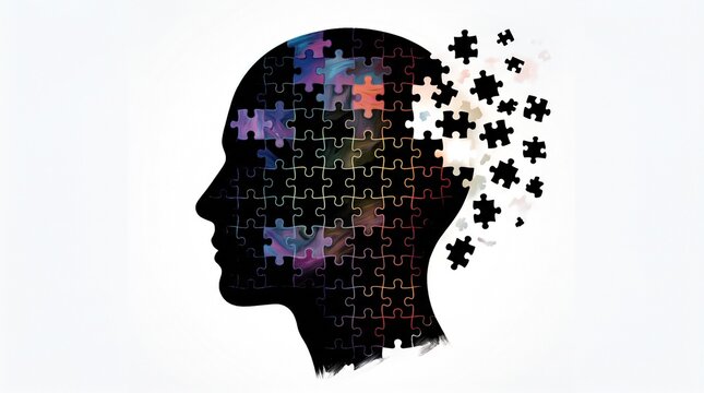 Human head silhouette made of puzzle pieces with missing parts representing mental health, memory loss, or cognitive decline