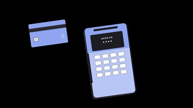 Debit card payment transaction animation showing a card swipe through an EDC payment terminal, PIN entry, receipt printing, and successful PAID confirmation with green check icon. Transparent backgrou
