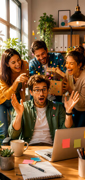 Friends Celebrating New Year&rsquo;s Eve with Confetti and Surprise at Office Party