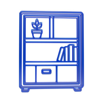 3d glossy blue bookshelf and plant outline isolated on black background, representing home stora bookcase