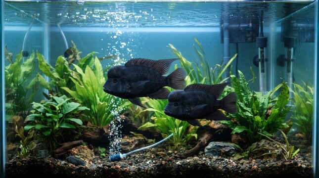 Aquarium with two dark fish swimming among lush green plants, gravel and driftwood decor, air bubbles rising, vibrant natural aquatic scene with balanced ecology and design.