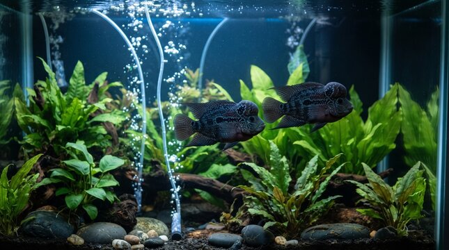 Aquarium with two dark fish swimming among lush green plants, gravel and driftwood decor, air bubbles rising, vibrant natural aquatic scene with balanced ecology and design.