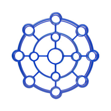Blue 3d concentric network with circular rings and node points on black background, connection