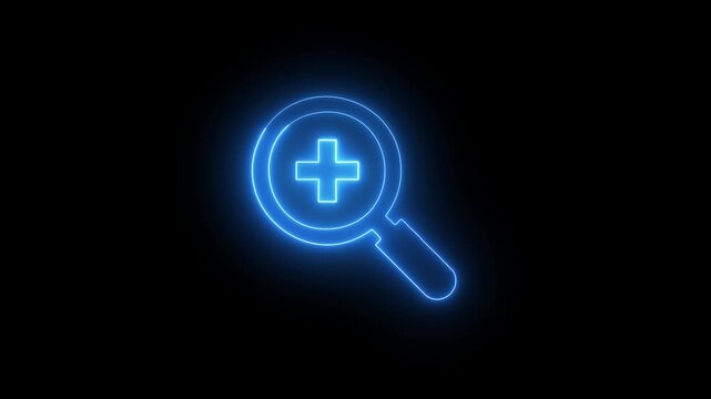 Glowing magnifying glass icon with a bright green plus symbol inside, symbolizing add, expand search, create new entry, zoom in, or enhanced discovery on a dark background.
