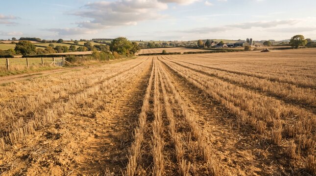 Harvested agricultural field with stubble rows, rolling hills, scattered trees, farm buildings, partly cloudy sky, rural landscape showing textures and patterns of harvest season.