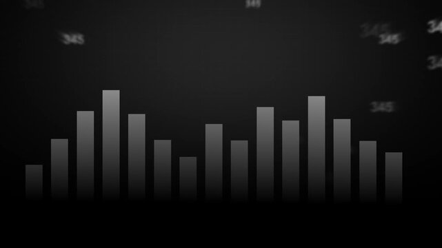 Monochromatic bar chart animation displays blurred numbers. Analytics update on this monochromatic bar chart animation. Market data tracks along this bar chart animation.
