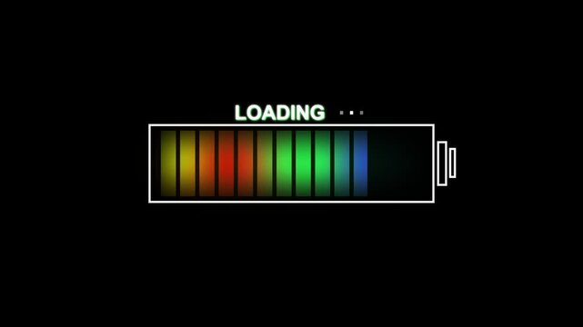Loading bar animation displays colorful segments with dots. Buffering progress updates across the loading bar animation. Software status verification runs on this bar animation.