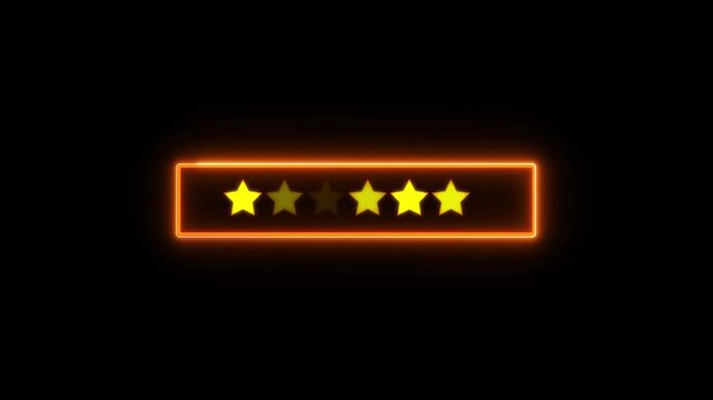 Five stars animation shines inside an orange frame on black. Customer satisfaction ratings evaluate on five stars animation. Quality review feedback benchmarks use this stars animation.