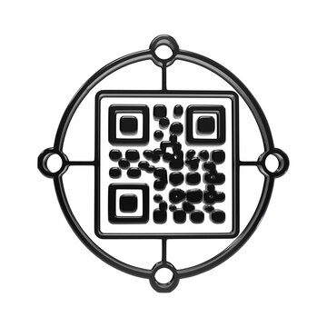 Dark glossy qr code inside a targeted circular radar grid symbol on a black background