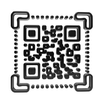 Dark glossy qr code framed by dot matrix borders and corner brackets on a black background, scanner dots