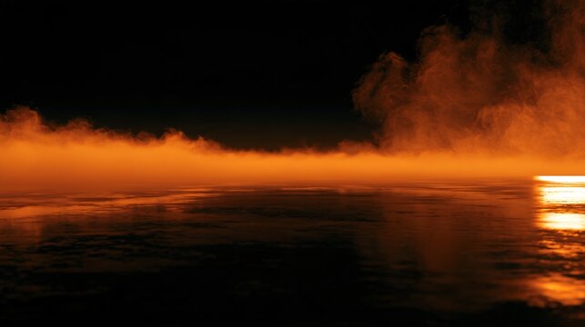 A cinematic black and orange Halloween background with orange fog rolling over a black reflective floor, subtle mirrored highlights, distant darkness, atmospheric depth