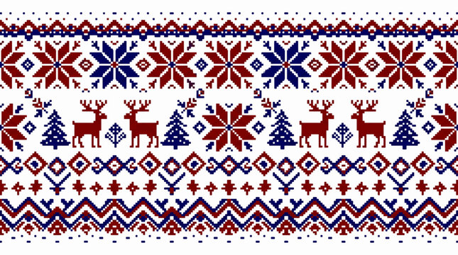 Scandinavian Fair Isle knitted border pattern with horizontal geometric Christmas sweater elements on white background vector