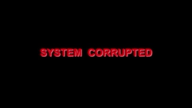 Corrupted text animation glows in red letters on pitch black. Cybersecurity alerts flash on the corrupted text animation. Data failure notifications trigger this text animation.
