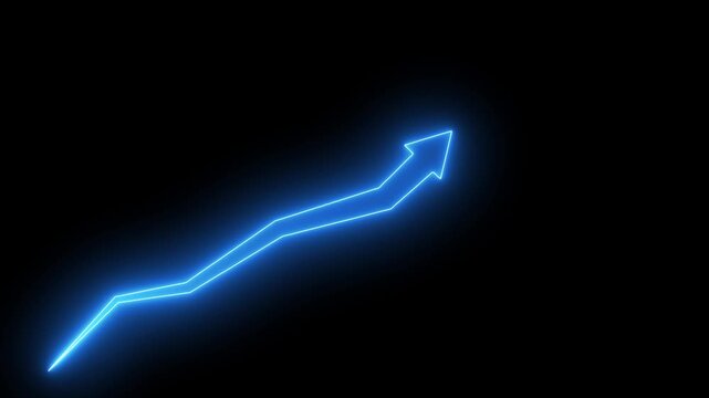 Glowing blue neon upward trend arrow chart animation on black background, for financial growth, and success