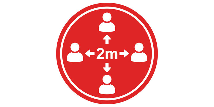 Social distancing sign with four people icons spaced two meters apart in red circle for public health safety.