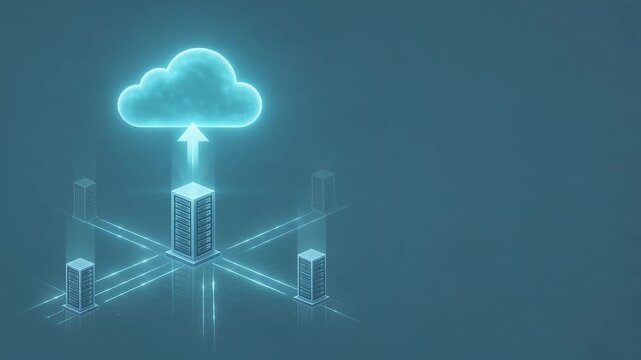 Cloud computing concept with glowing cloud icon and data uploading from server