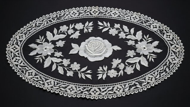 Vintage white lace doily with floral rose embroidery, antique oval table runner on black background, elegant handcrafted textile ornament