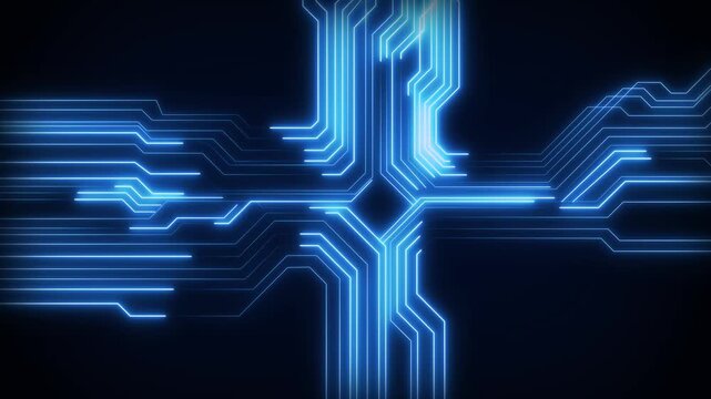 Circuit board lines animation pulses with blue cyber paths. Motherboard computing powers this circuit board lines animation. Processor data streams along the lines animation.