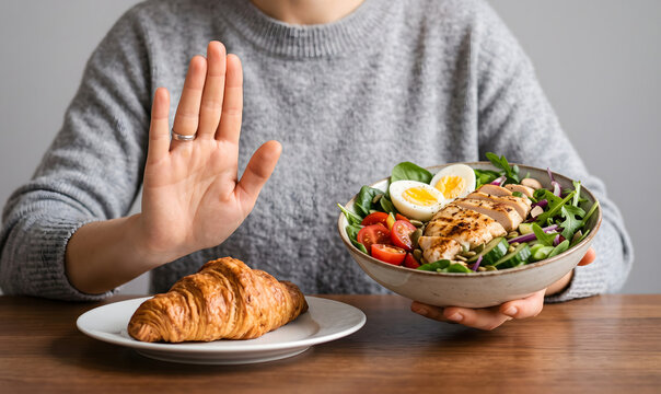 Person rejecting unhealthy croissant while choosing healthy protein salad bowl diet concept
