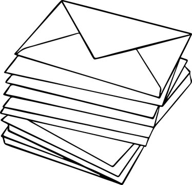 Stack of mail envelopes line art drawing for postal service, business communication, newsletters, and incoming paper messages icon, vector illustration