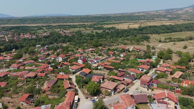 Aerial view of Stob village with traditional red roof houses Bulgaria