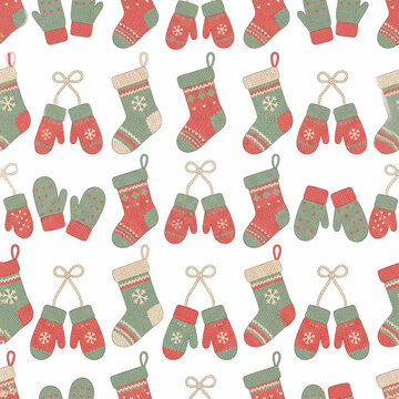 Seamless winter pattern with cozy knitted mittens and Christmas stockings on white background vector