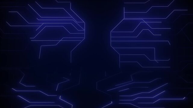 Circuit board lines animation radiates around a dark center. Motherboard processing flows on circuit board lines animation. Digital electronic hardware drives the lines animation.