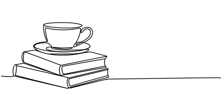 Continuous single line drawing of a cup of coffee on a stack of books Vector, illustration