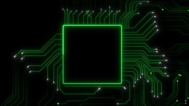 Circuit board lines animation pulses with green neon nodes. Hardware data flows on the circuit board lines animation. Computer computing streams along the lines animation.