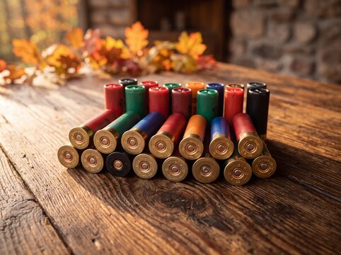 Colorful shotgun shell stack on rustic wooden table