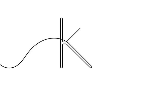 Calligraphy style letter k icon sign continuous one line drawing moving on white background minimalist single art identity of template and branding concept symbol animation video