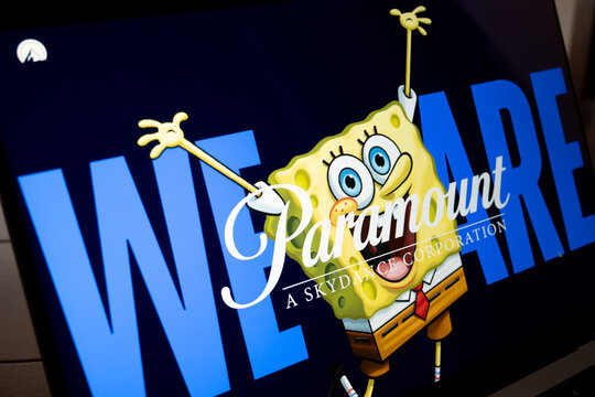 Mexico city, mexico, 11 29 2025: paramount plus streaming service, spongebob squarepants brand on screen