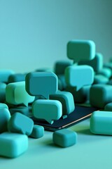 Fototapeta premium Chaotic message bubbles transforming into organized stream around smartphone