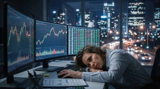 Exhausted stock market trader sleeping at desk in front of glowing computer monitors while working late in modern office building