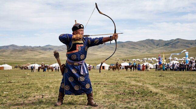 Mongolian archer wearing traditional blue silk deel clothing holds a wooden recurve bow while aiming at a distant target outdoors