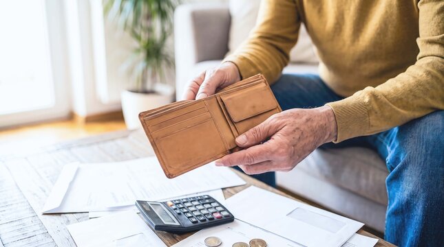 Person holding an empty wallet with bills and calculator representing financial crisis poverty debt and personal budget hardship.