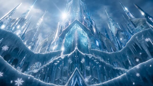 Ice palace with snowflakes and crystalline structures during winter season