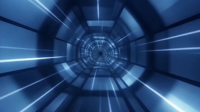 Flying through a blue digital tunnel with light streaks, hyperspace speed